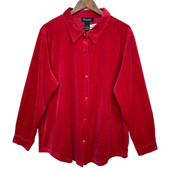 D &‎ Co. Button Front Big Shirt Women Size 1X Red Velour Shirttail Hem - Picture 1 of 14
